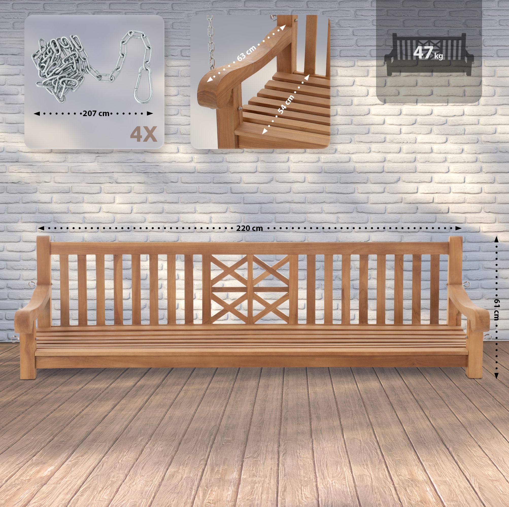 Gyngebænk Gården 220cm - Teak - Billede 9