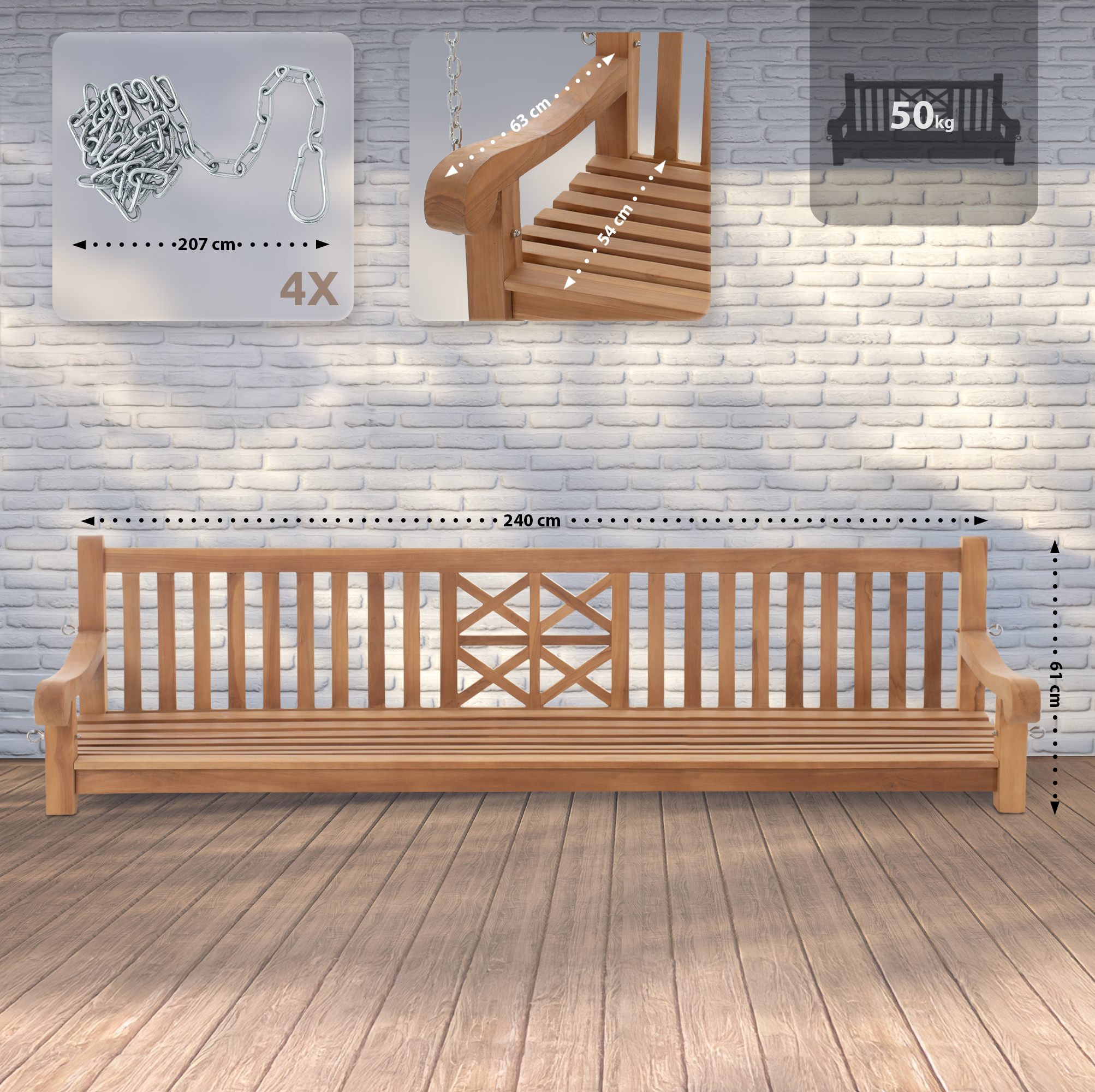 Gyngebænk Gården 240 cm - Teak - Billede 8