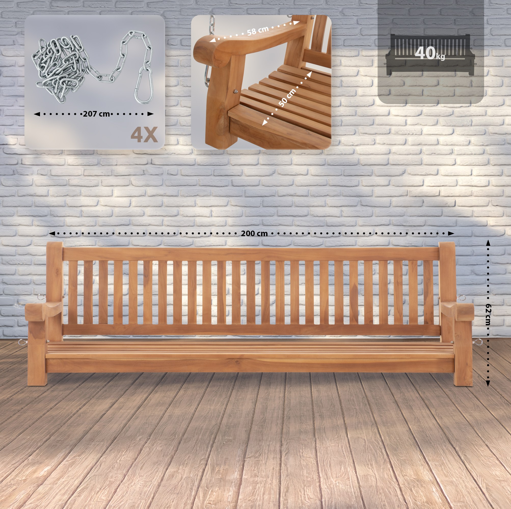 Gyngebænk Joyce 200 cm - Teak - Billede 7