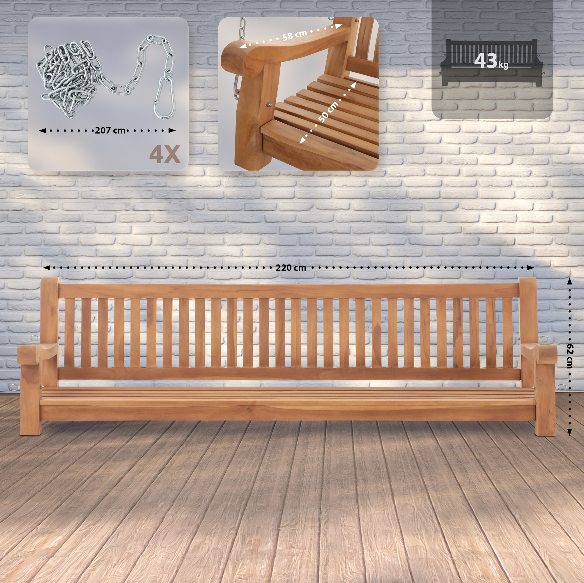 Gyngebænk Joyce 220 cm - Teak - Billede 7