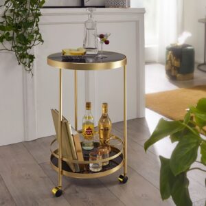 Serveringsvogn hjemmebar i guld look på hjul med glasplade Ø 45 cm