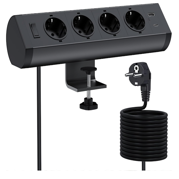 Strømskinne med 4 stik + 1 usb c +1 usb a sort