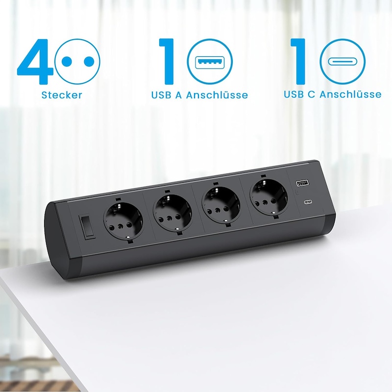 Strømskinne med 4 stik + 1 usb c +1 usb a sort - Billede 7