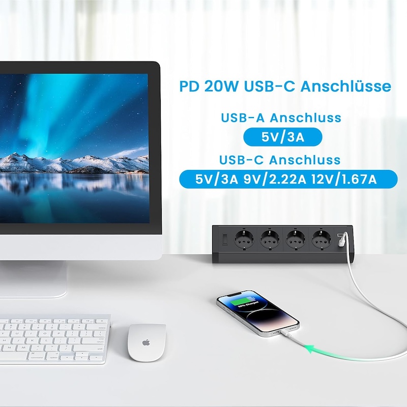 Strømskinne med 4 stik + 1 usb c +1 usb a sort - Billede 6