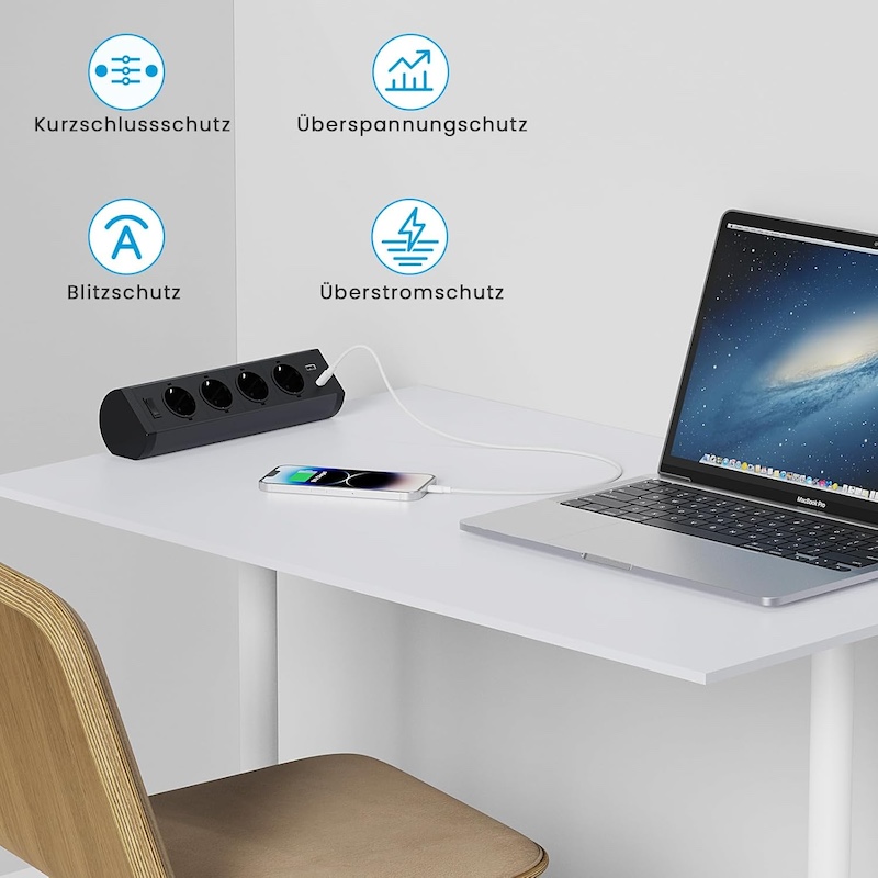 Strømskinne med 4 stik + 1 usb c +1 usb a sort - Billede 3