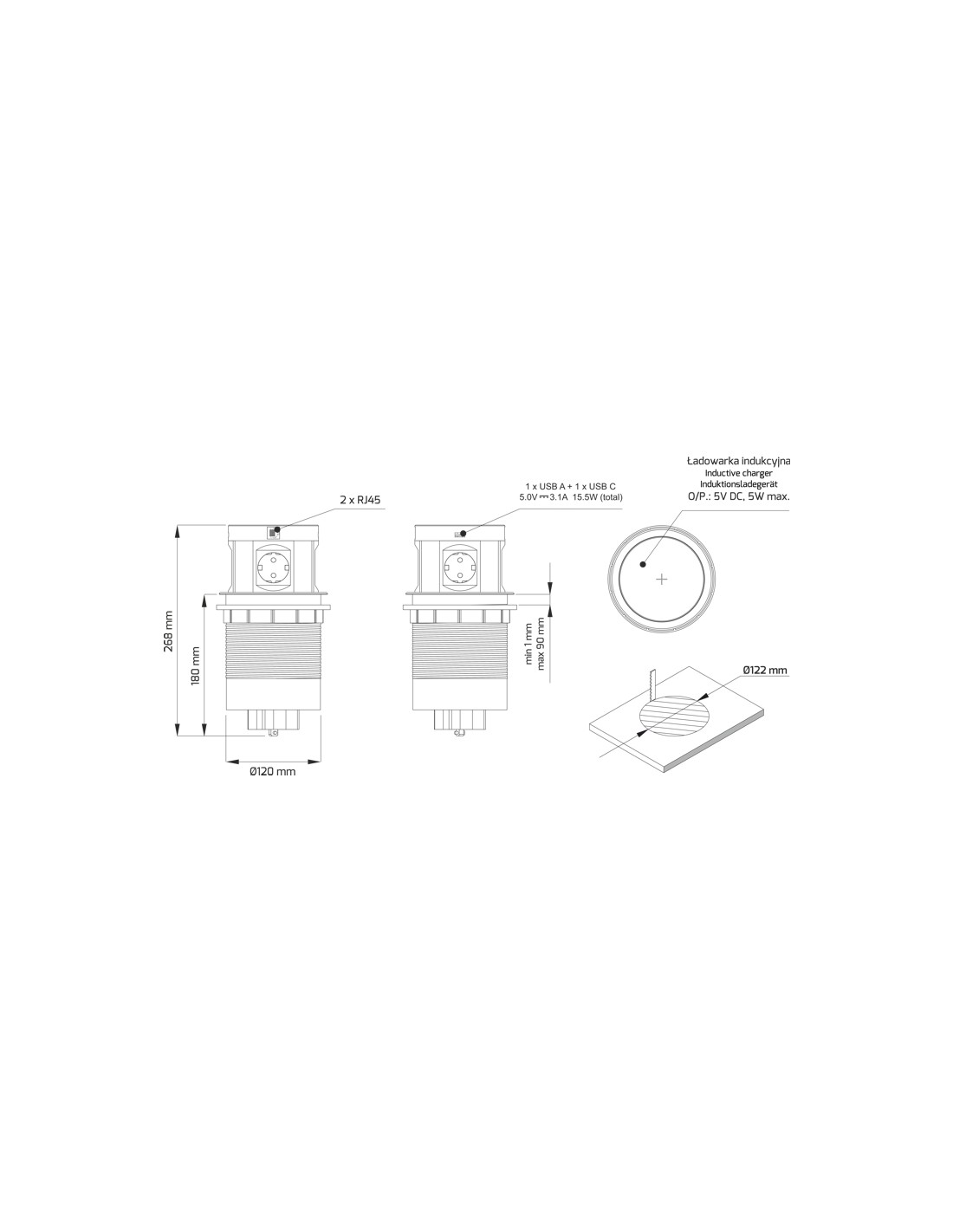 Pop up multibox 4x 230V, 2 x USB Type A og C, 3,1A i alt 15,5W, 2 x RJ45 og QI opladning på top - Billede 5