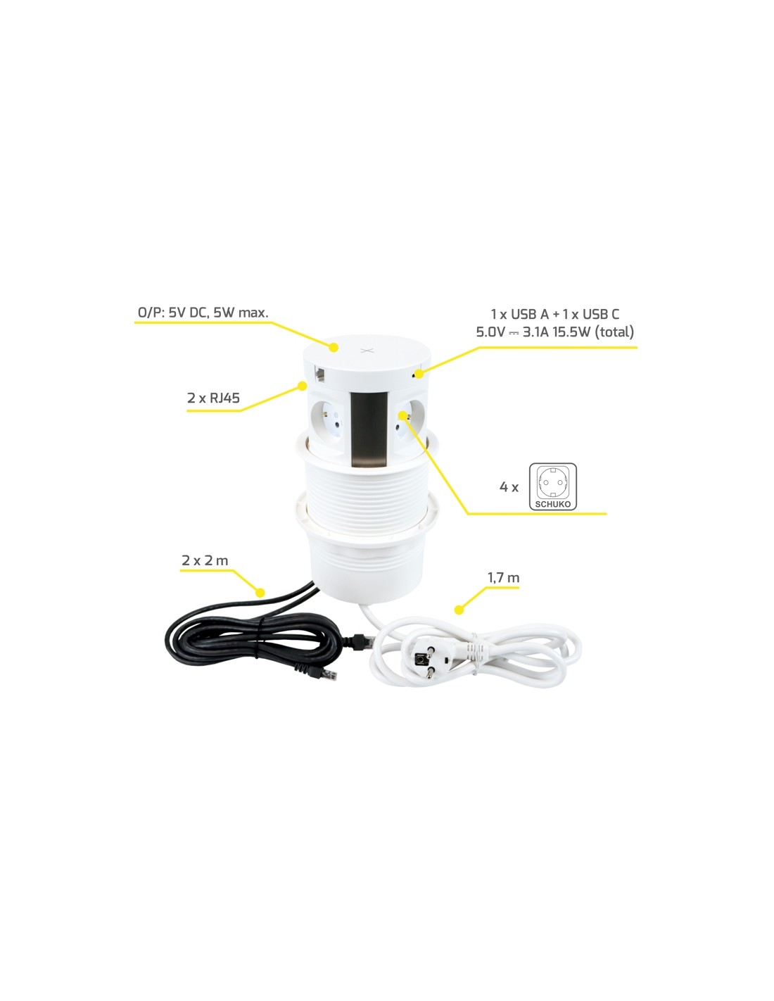 Pop up multibox 4x 230V, 2 x USB Type A og C, 3,1A i alt 15,5W, 2 x RJ45 og QI opladning på top - Billede 4