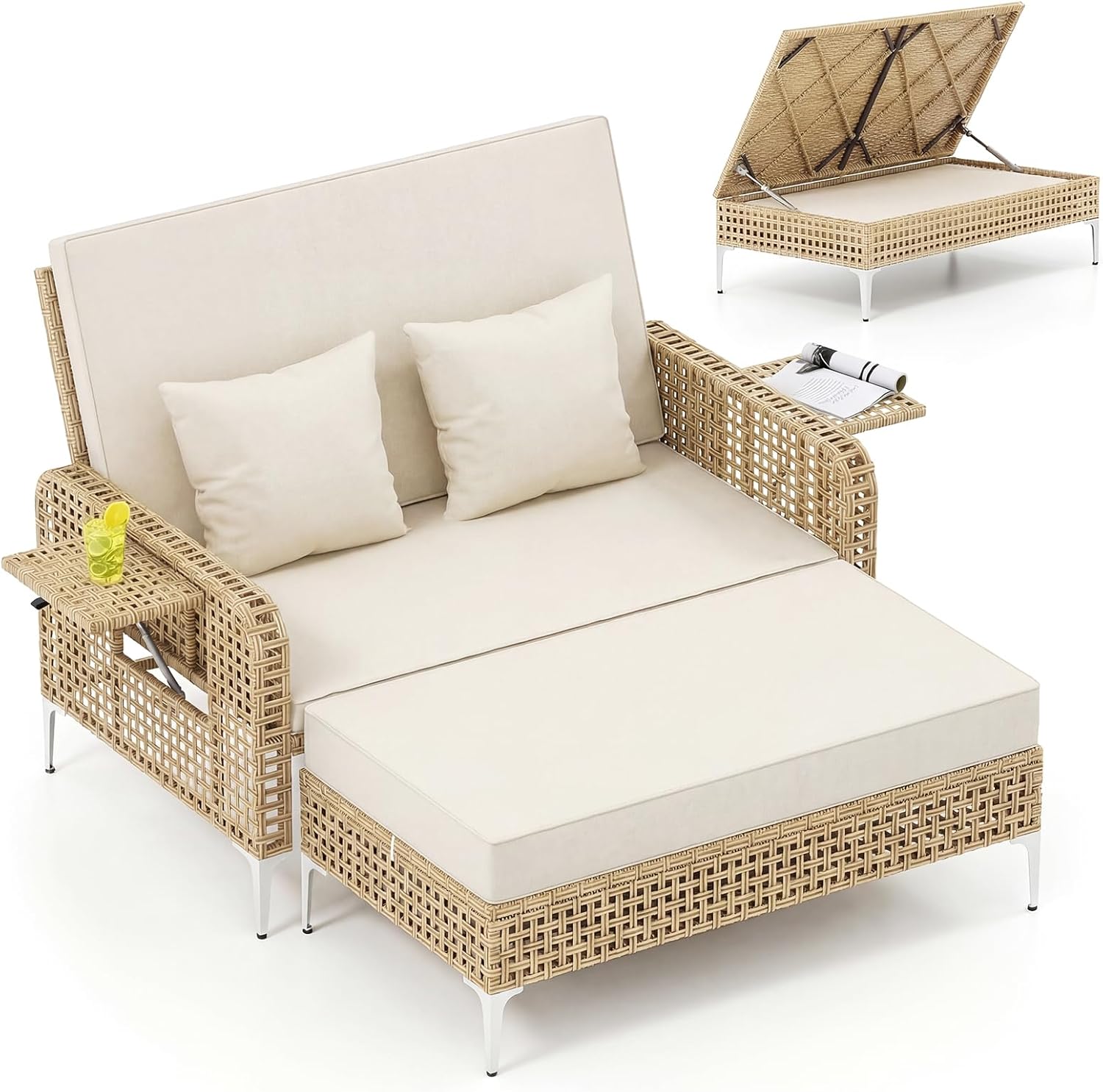 Polyrattan liggestol, havesofa med justerbart ryglæn og fold-ud sidestøtte