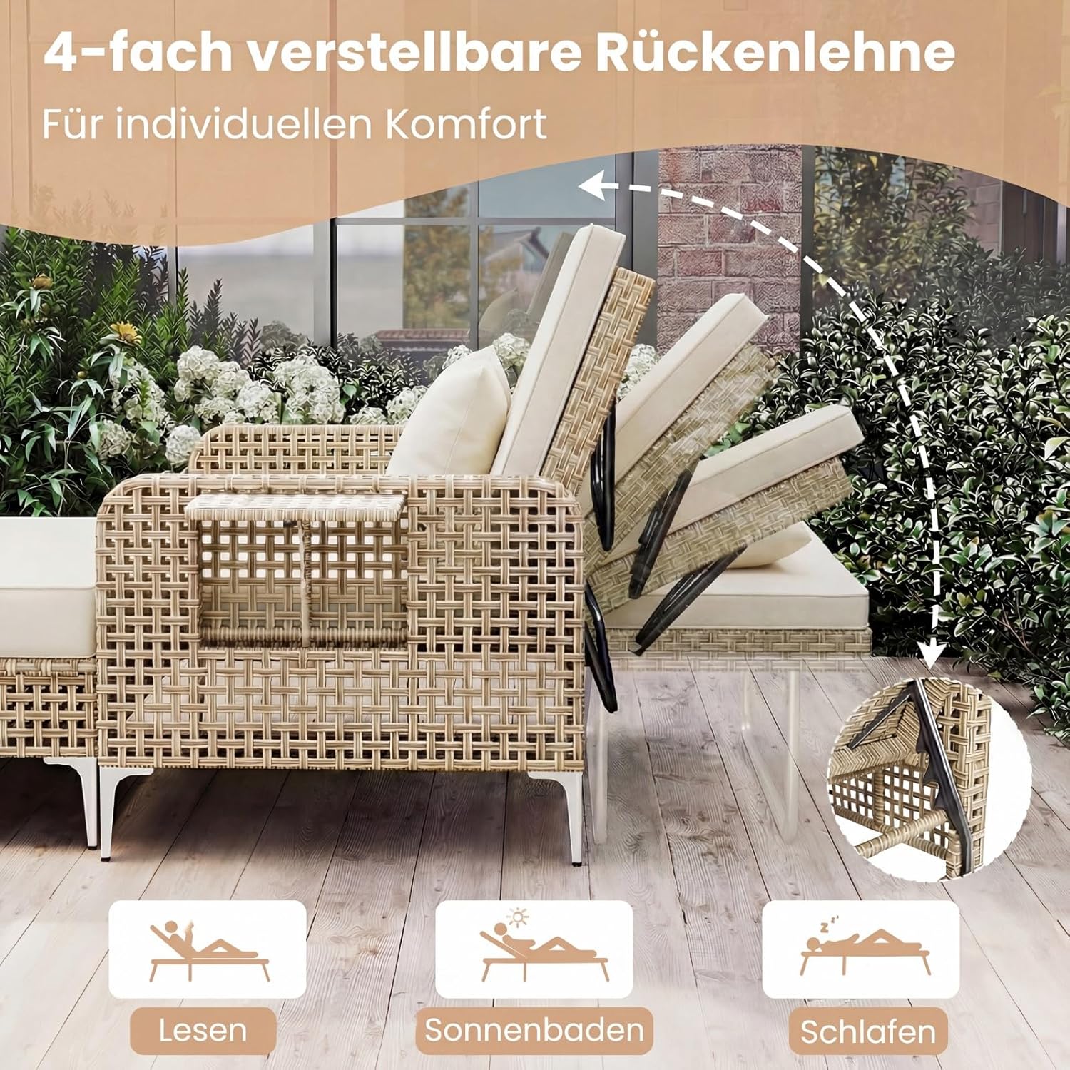 Polyrattan liggestol, havesofa med justerbart ryglæn og fold-ud sidestøtte - Billede 6