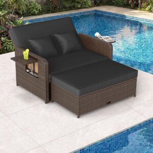 3-i-1 polyrattan liggestol, havesofa med justerbart ryglæn og bord, brun/sort